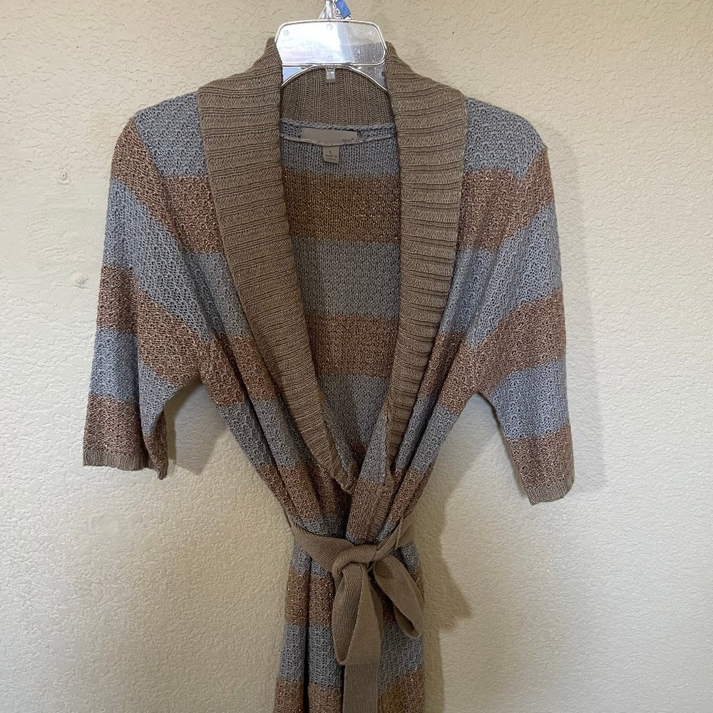 oneA Knit Cardigan Striped Woman's L Large Like New Blue and Gold Medium Sleeve